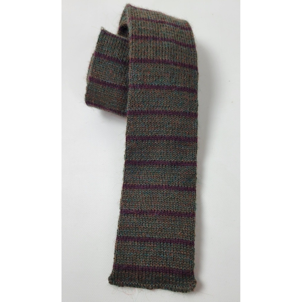 Roosternit Rooster Vtg 100% Wool Knit Square Skinny Tie Striped Olive Purple
